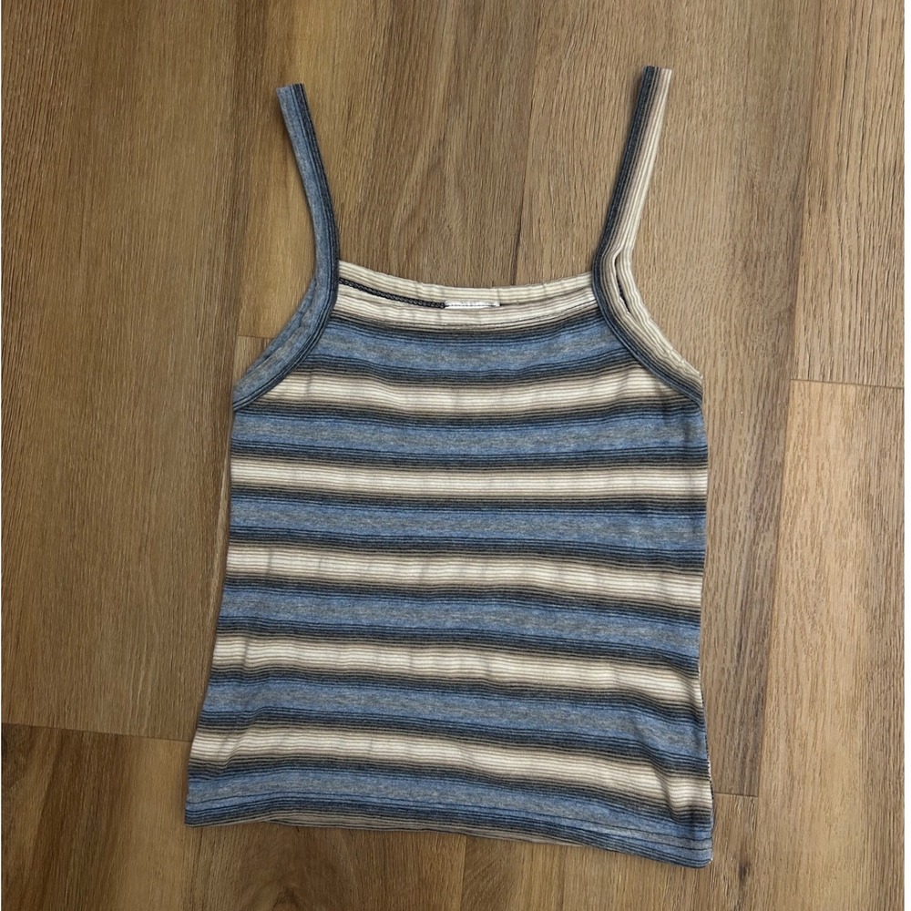 Vtg Striped Camisole Tank Top Blue Cream Tan M coastal‎ preppy beach